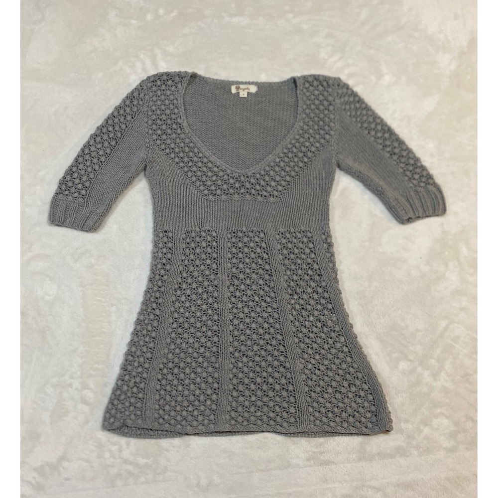 Aryeh Gray Knit Tunic Sweater V-Neck Popcorn Texture Elbow Sleeve Small